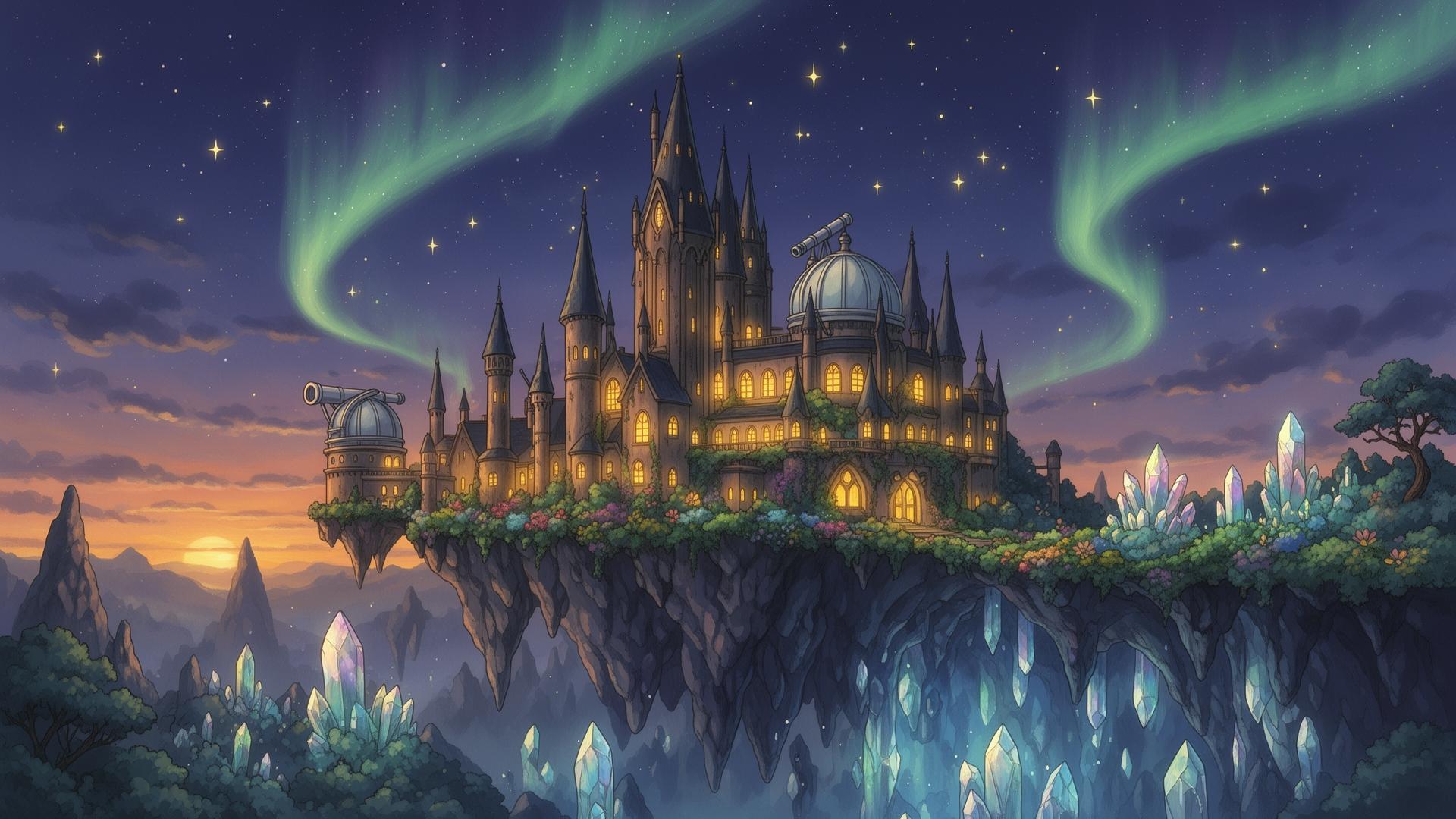 The floating Nexus Academy at twilight beneath an aurora sky