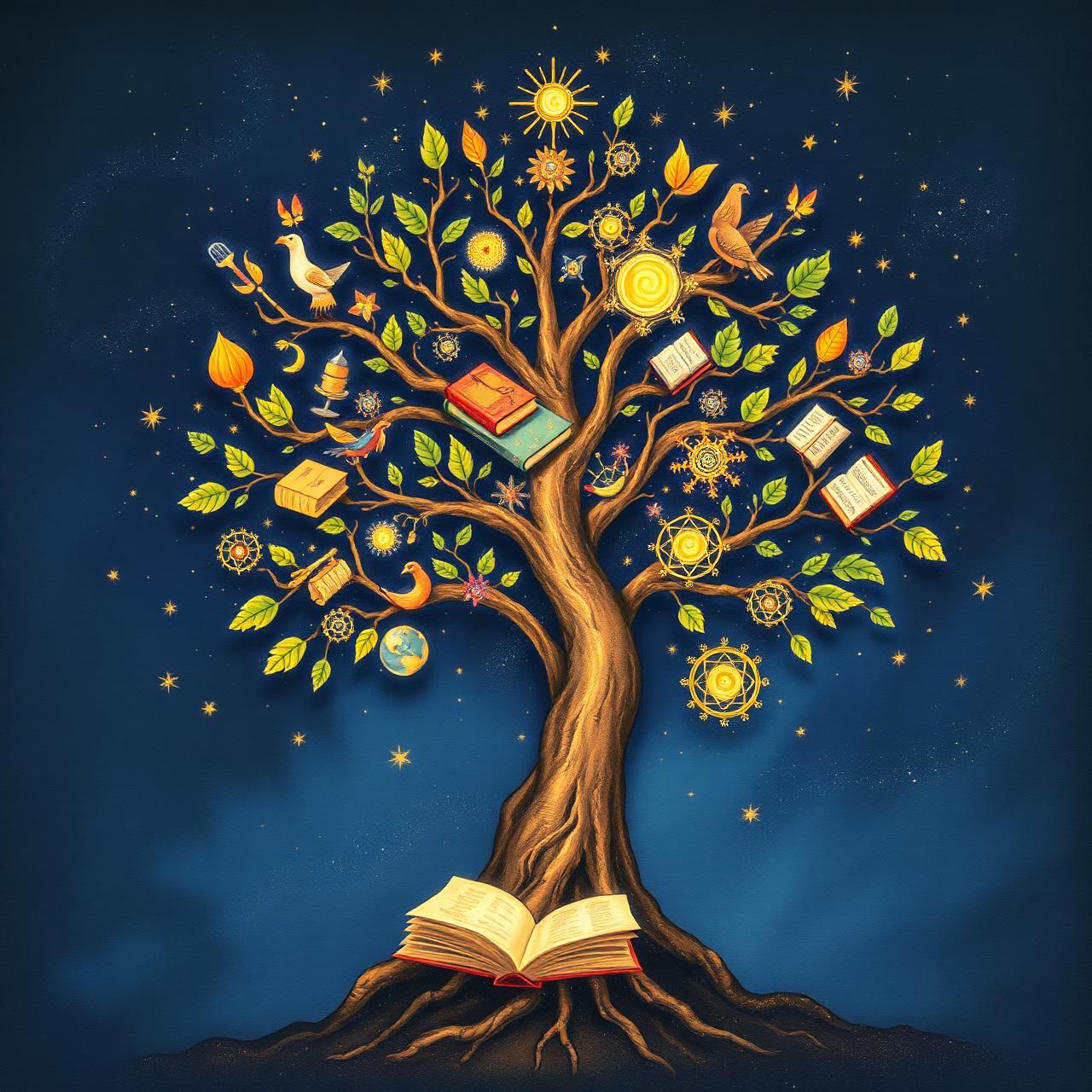 The Academy Knowledge Tree, branches glowing with stars, books and constellations